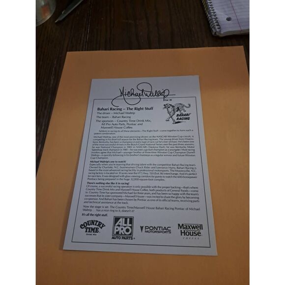 Vintage Michael Waltrip Country Time Racing Driver Card 8x5.5 NASCAR - Picture 2 of 2